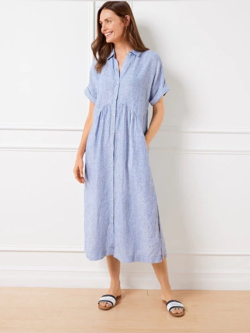 Talbots Drop Waist Linen Shirtdress Blue White Happy Stripe Size Medium Petite